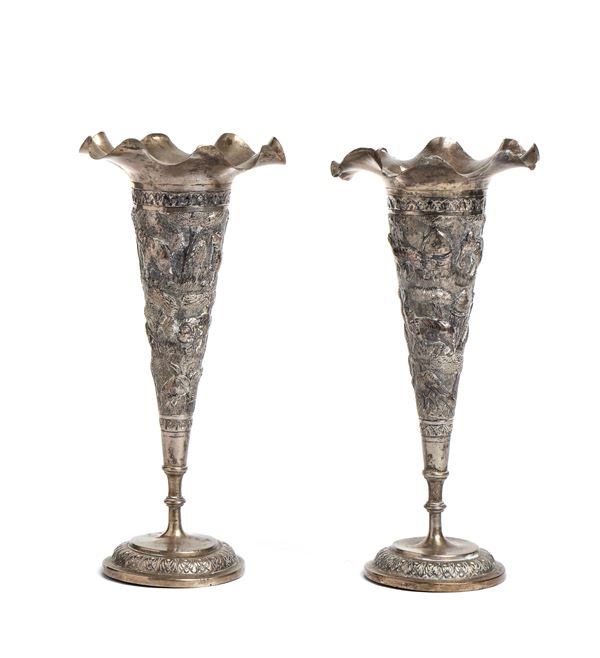A fine pair of  Indian silver vases