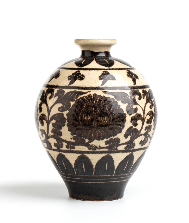 Vaso Meiping Cizhou ad ingobbio con decoro floreale