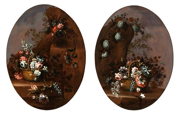 Artista lombardo, XVIII secolo - Pair of still lifes en plein air with bouquet of flowers in a basket