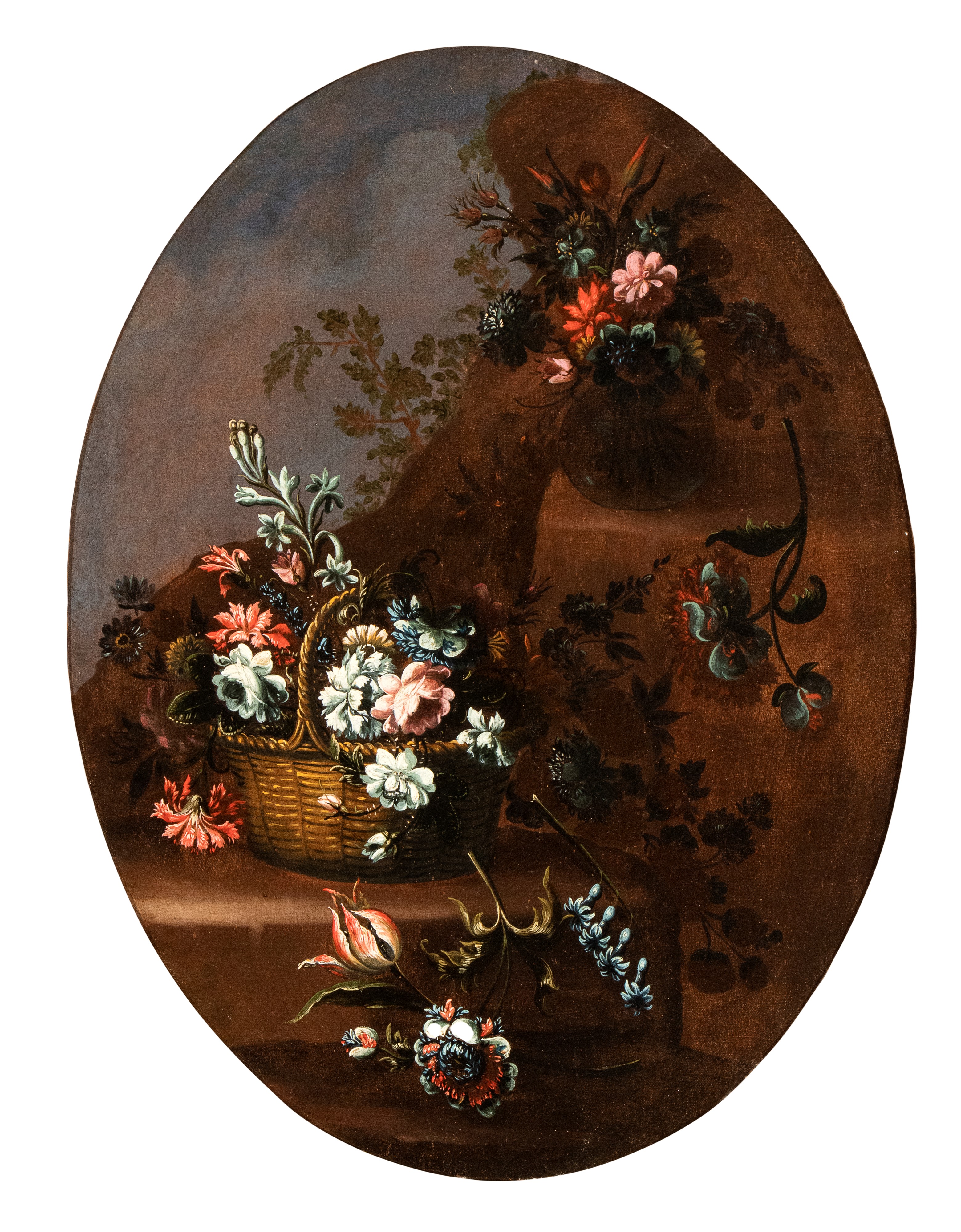Artista Lombardo, XVIII Secolo - Coppia di Nature Morte En Plein Air con Bouquet di Fiori in un C...