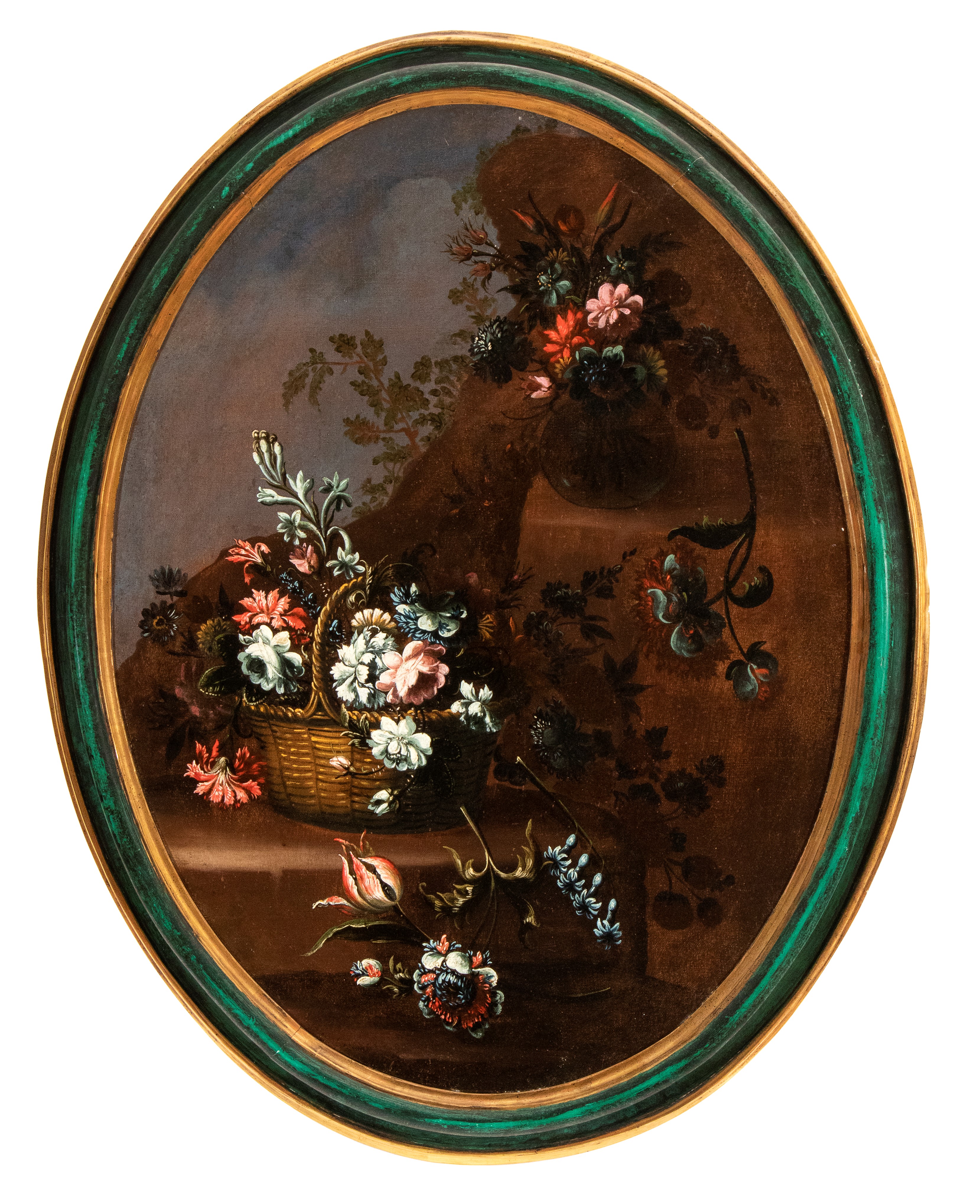 Artista Lombardo, XVIII Secolo - Coppia di Nature Morte En Plein Air con Bouquet di Fiori in un C...