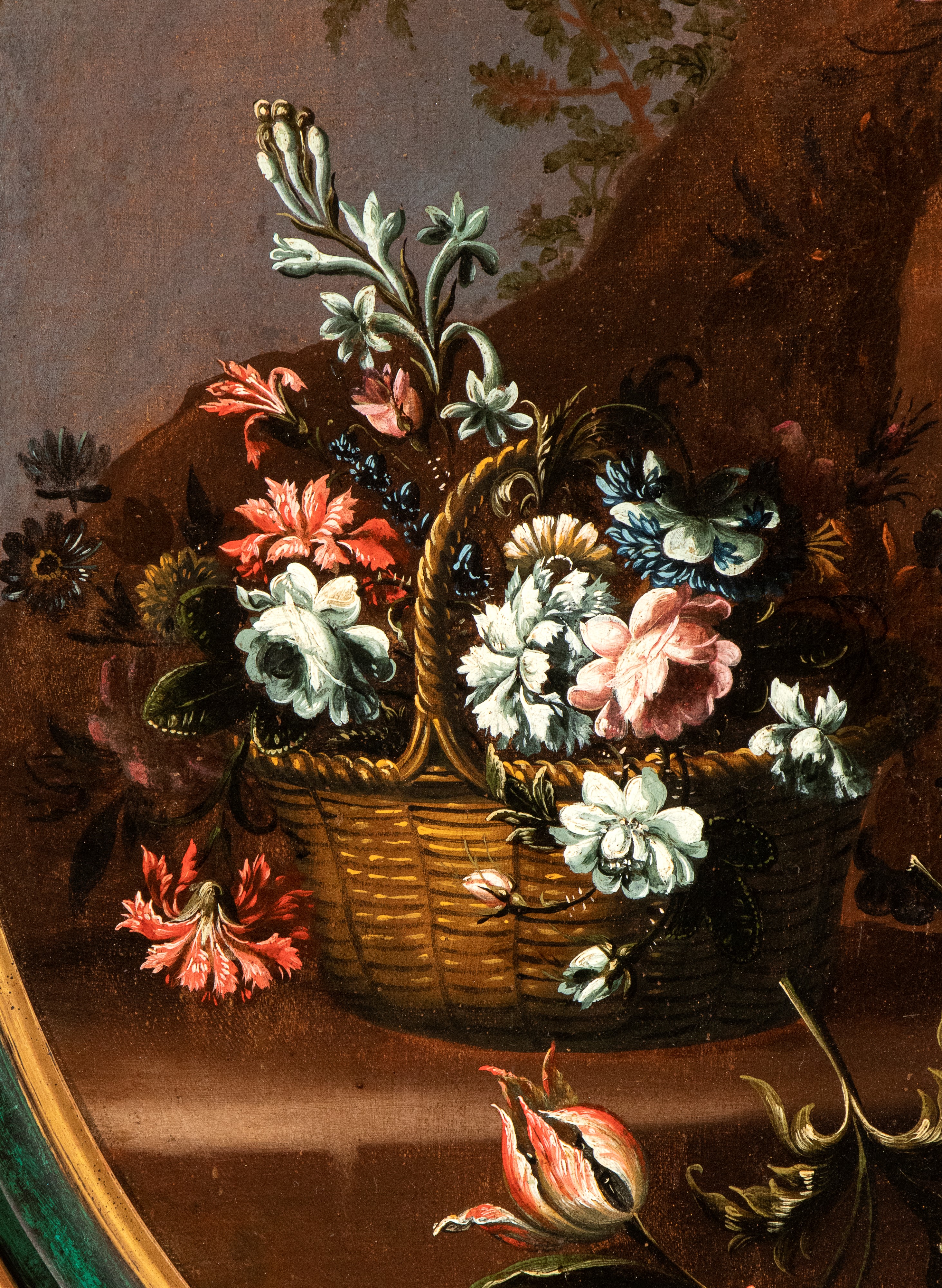 Artista Lombardo, XVIII Secolo - Coppia di Nature Morte En Plein Air con Bouquet di Fiori in un C...