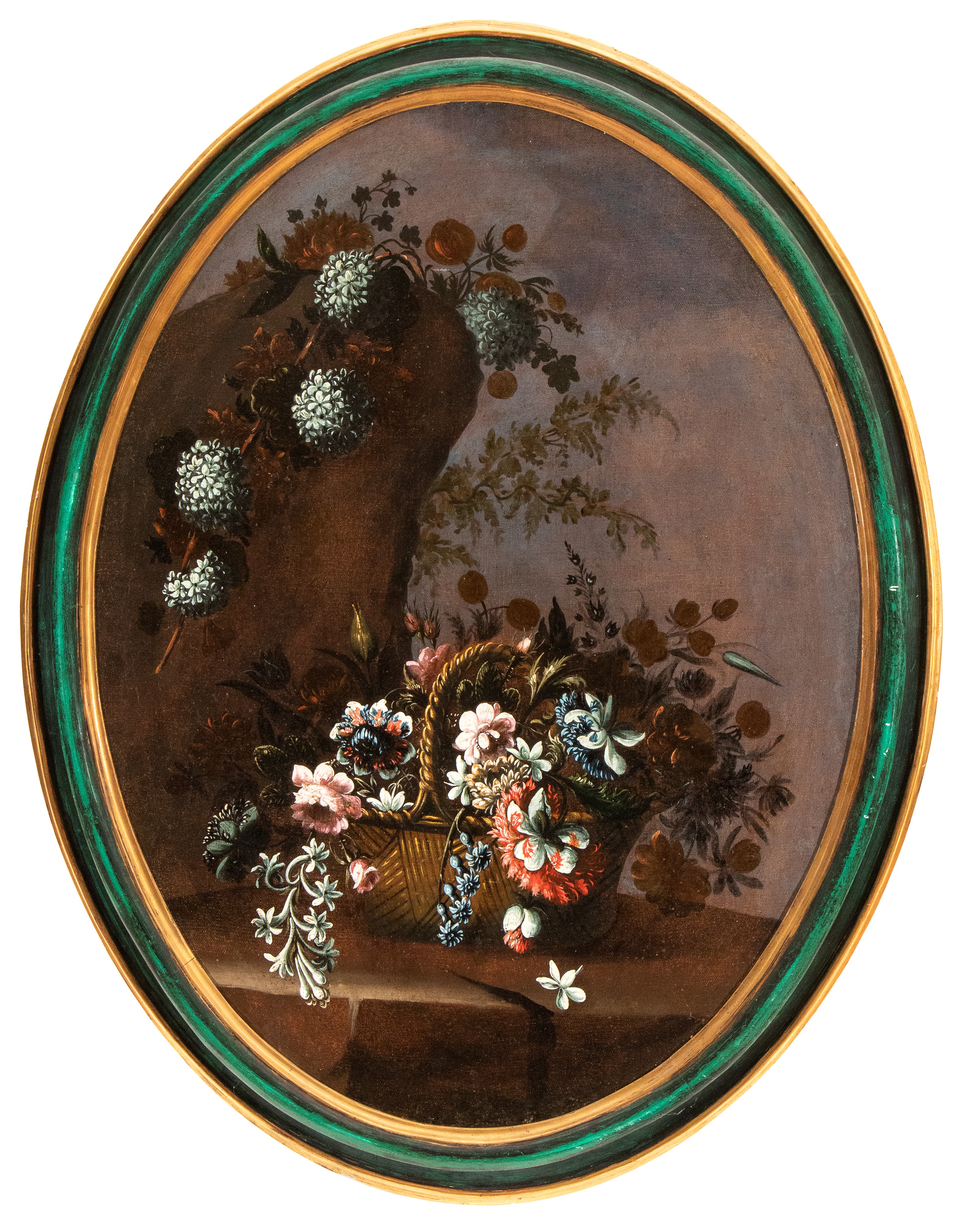 Artista Lombardo, XVIII Secolo - Coppia di Nature Morte En Plein Air con Bouquet di Fiori in un C...