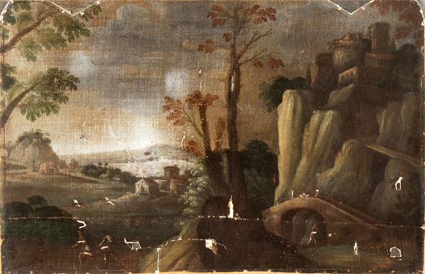 Artista attivo a Roma, XVII secolo - Landscape with bridge and village in the background