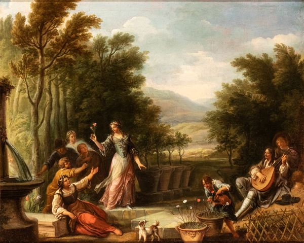 Artista fiammingo attivo a Roma, seconda met&#224; XVII secolo - Entertainment in the garden of a villa 