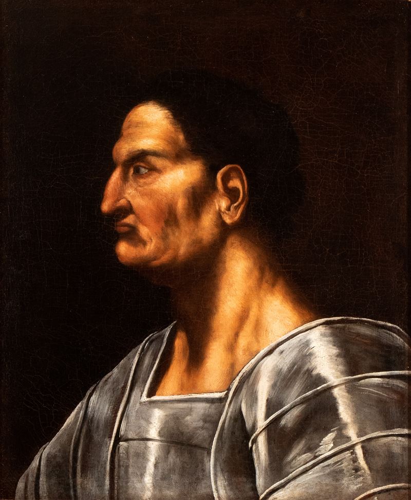 Artista Veneto, Prima Metà XVII Secolo - Ritratto di Condottiero in Armatura di Profilo
