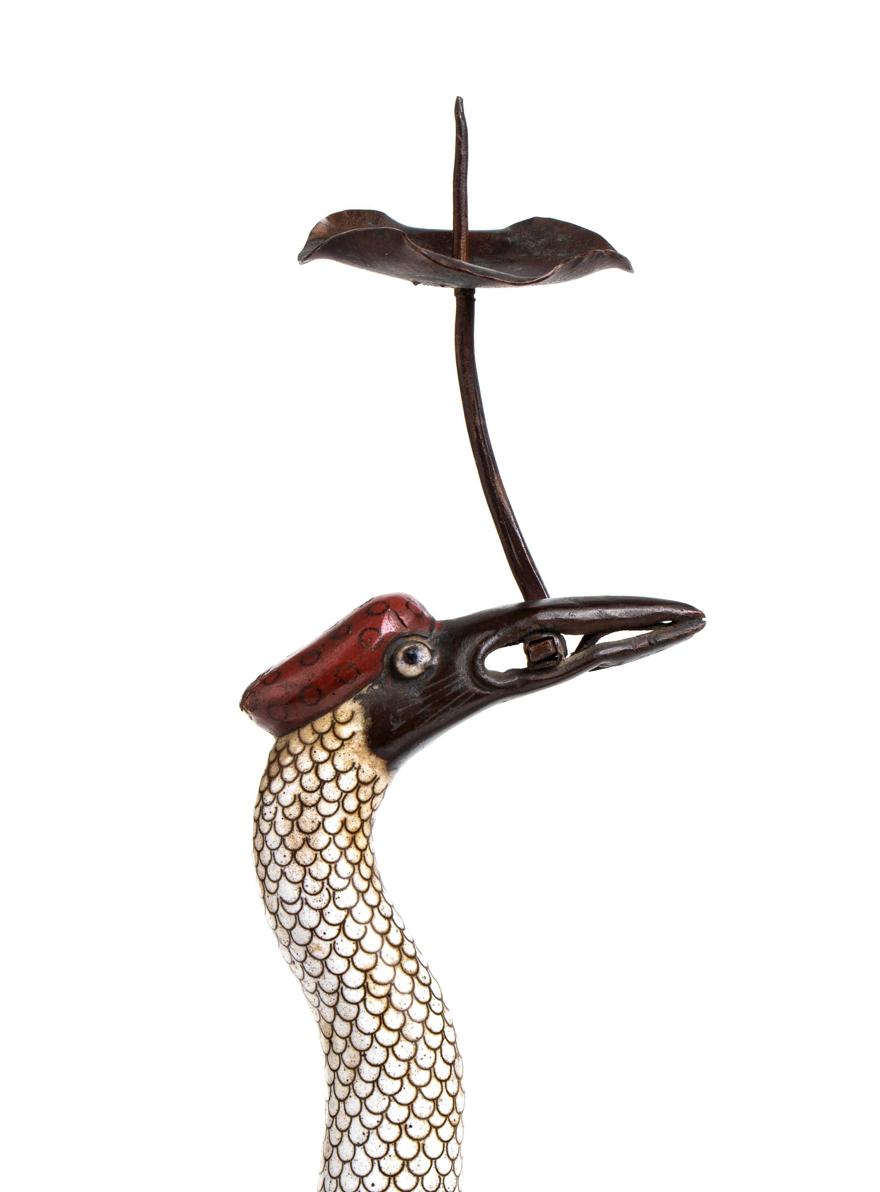 Coppia di gru portacandele in smalto cloisonné su rame