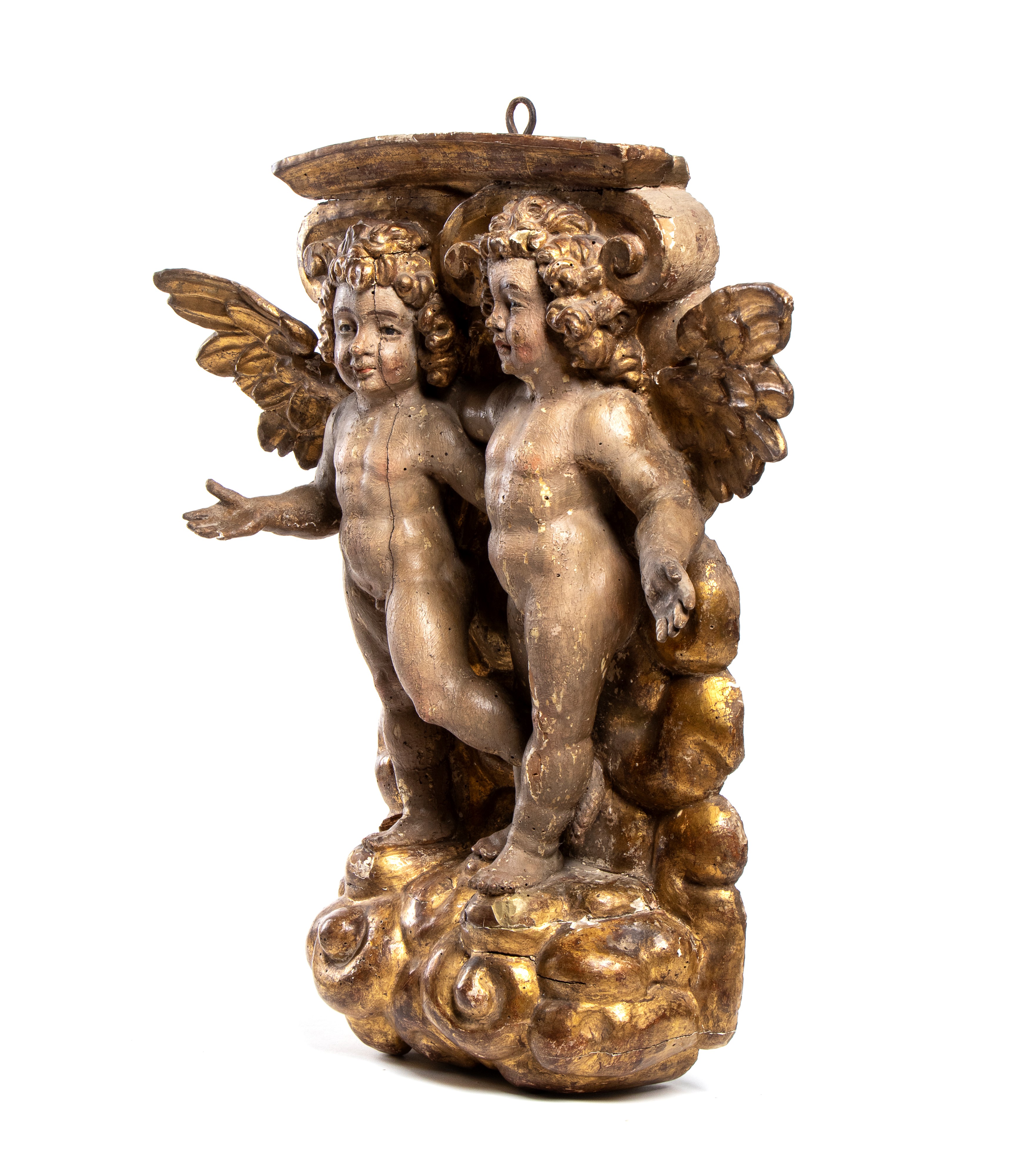 Coppia di Putti Alati Danzanti Italiani in Legno Dorato