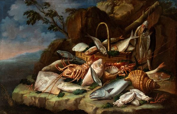 Giacomo Nani - Still life with fish and shellfish in a landscape