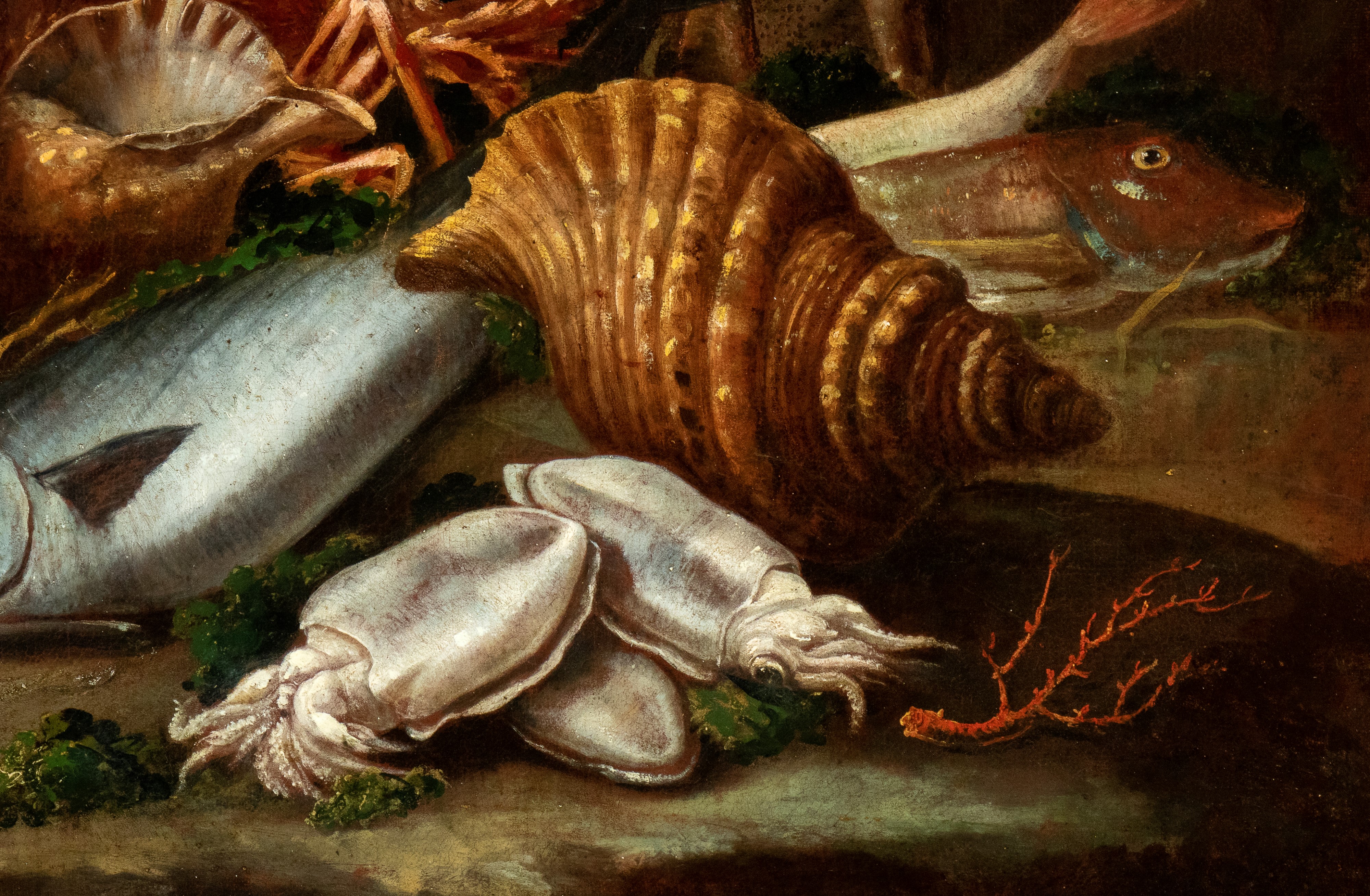 Natura morta con pesci e crostacei in un paesaggio