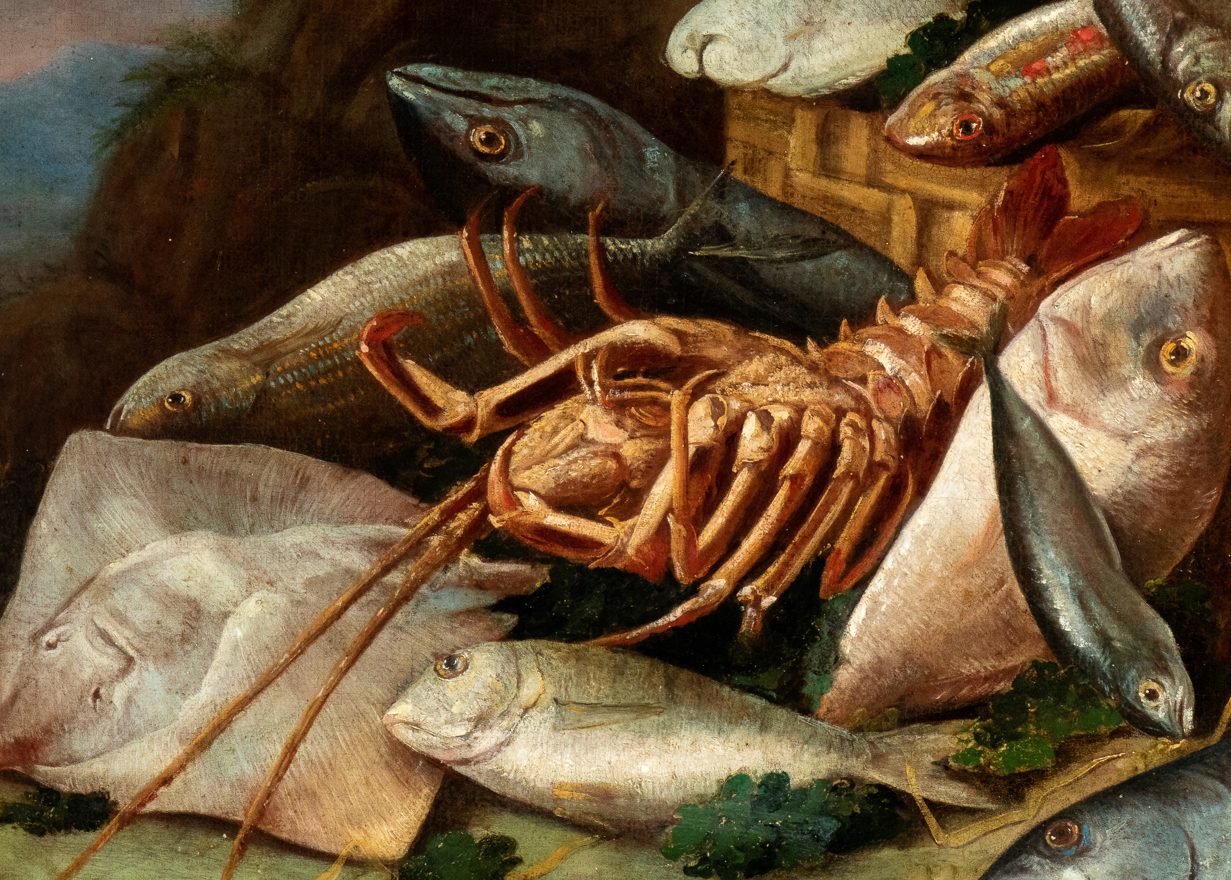 Natura morta con pesci e crostacei in un paesaggio