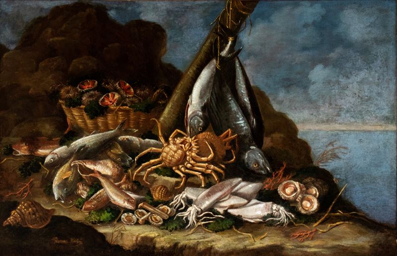 Giacomo Nani - Natura Morta con Pesci, Crostacei e Frutti di Mare in un Paesaggio