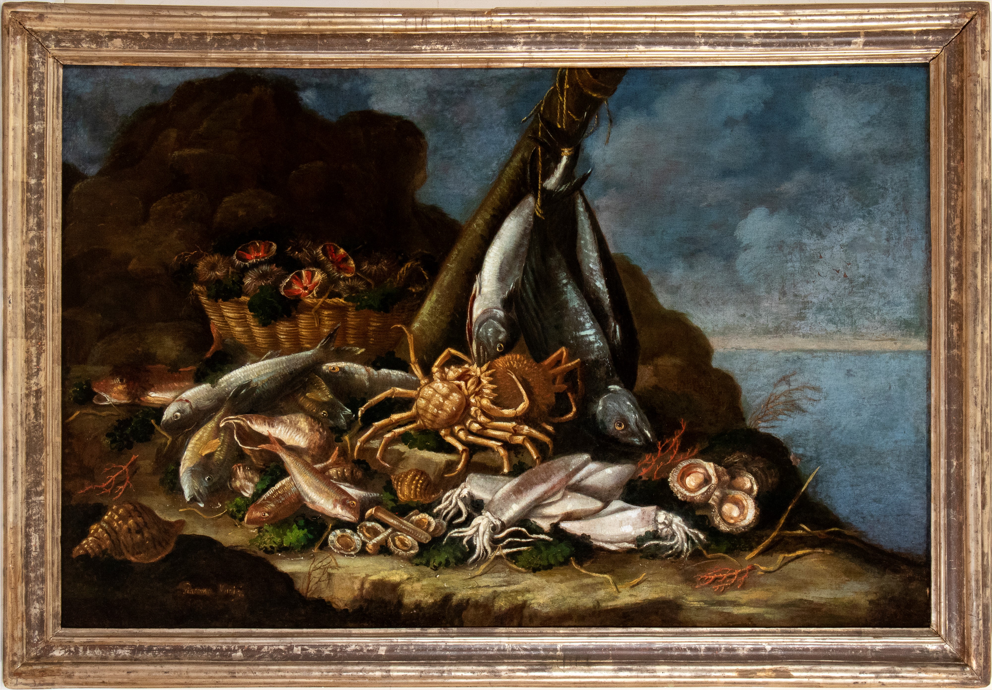 Giacomo Nani - Natura Morta con Pesci, Crostacei e Frutti di Mare in un Paesaggio