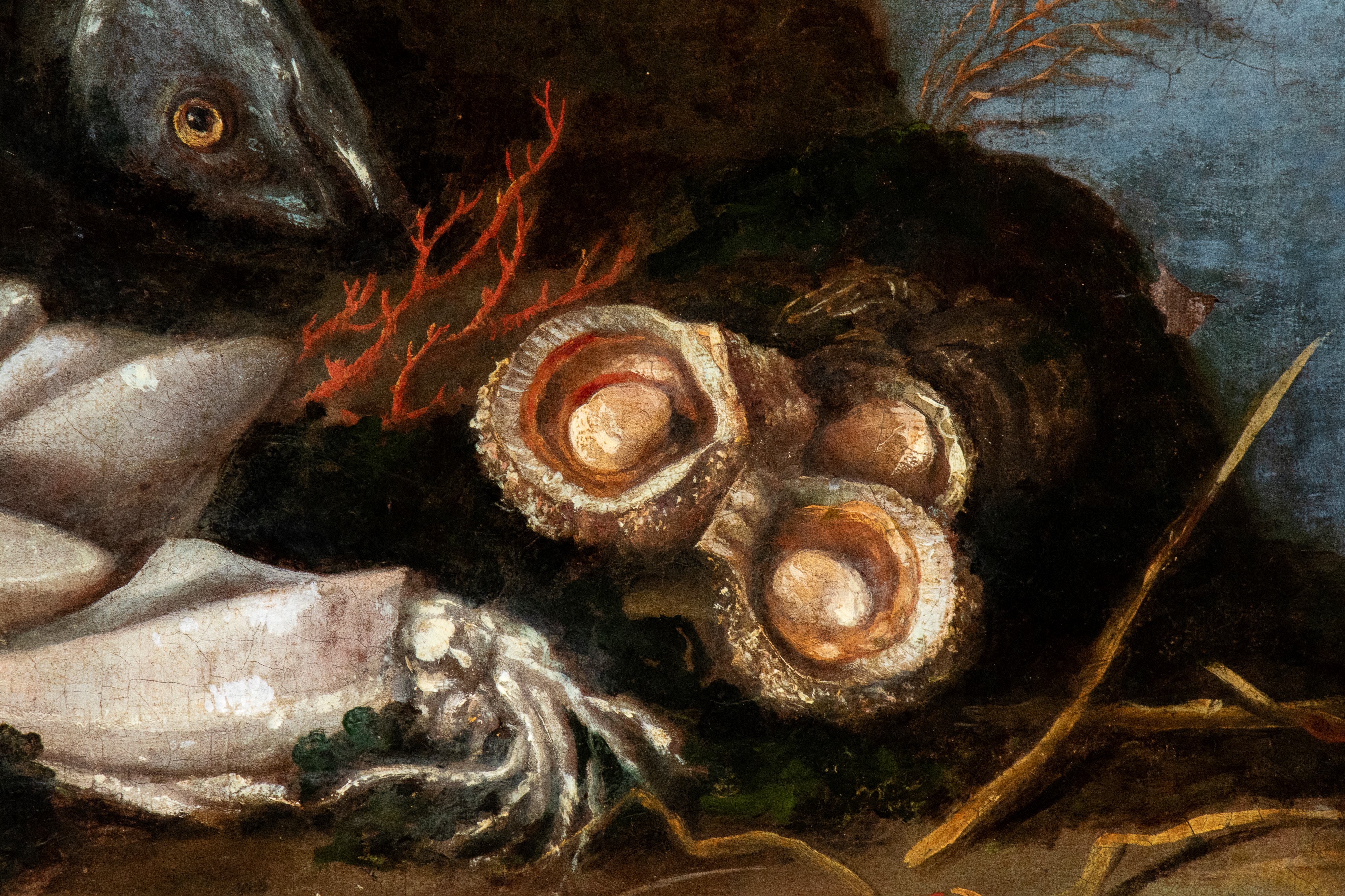 Natura morta con pesci, crostacei e frutti di mare in un paesaggio