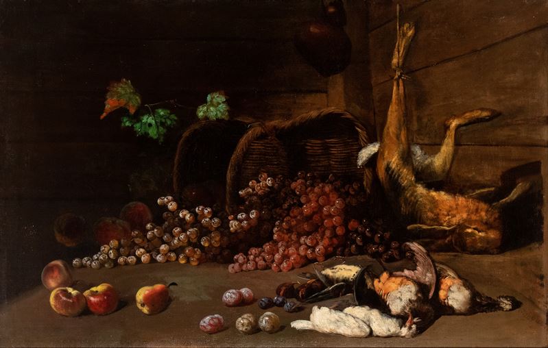 Artista Toscano, XVIII Secolo - Natura morta con frutta, leprotto e cacciagione, olio su tela