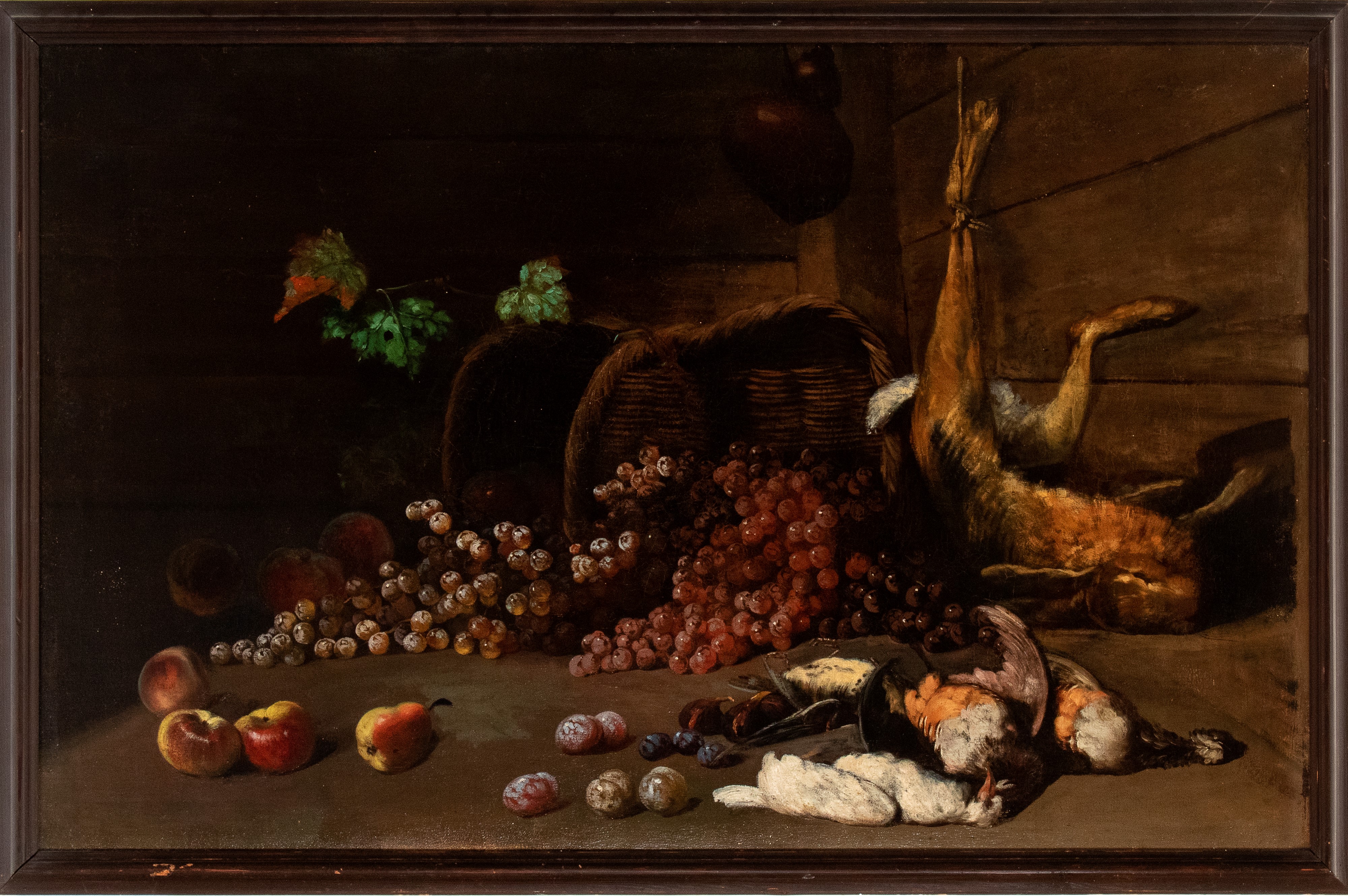 Artista Toscano, XVIII Secolo - Natura morta con frutta, leprotto e cacciagione, olio su tela