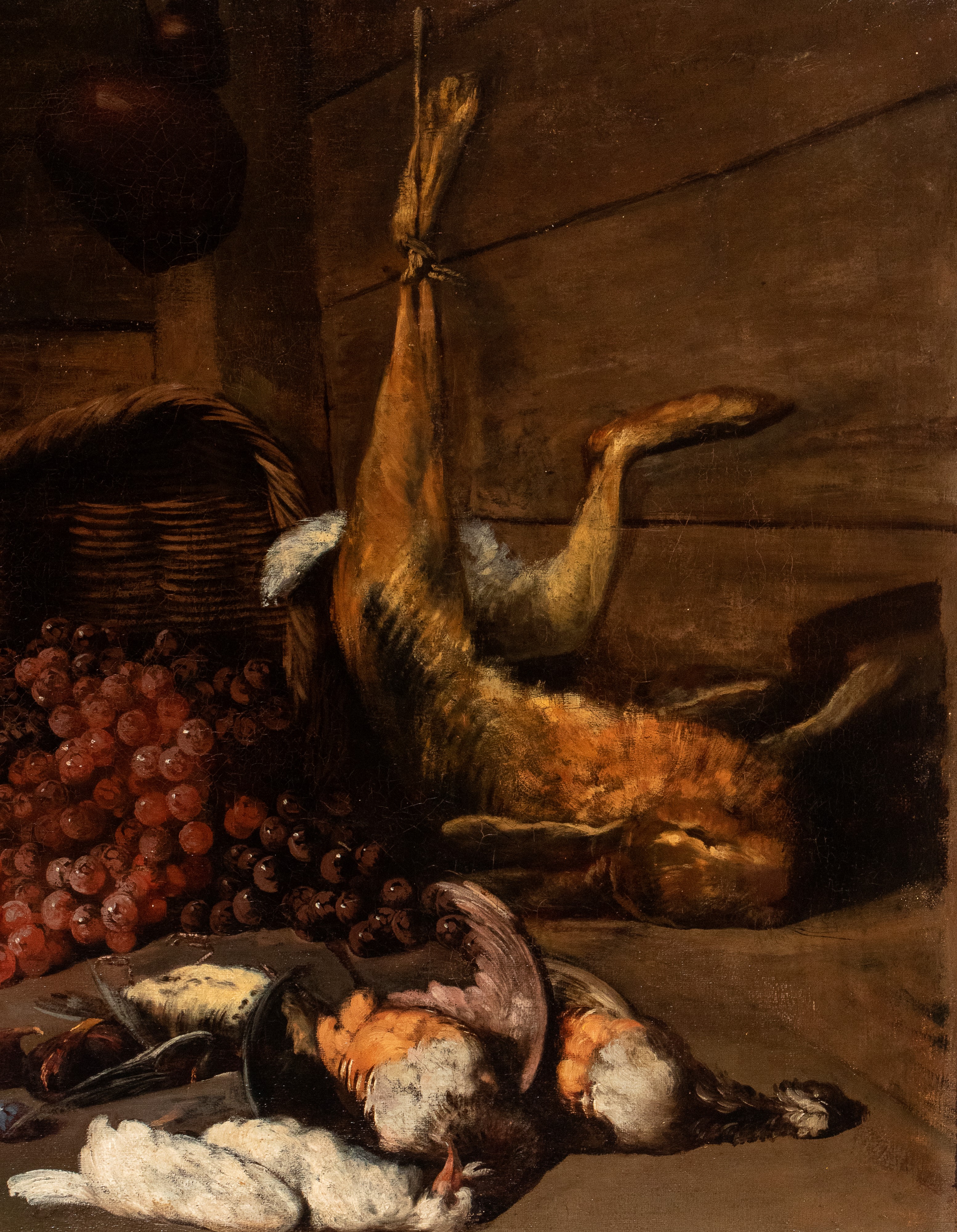 Artista Toscano, XVIII Secolo - Natura morta con frutta, leprotto e cacciagione, olio su tela