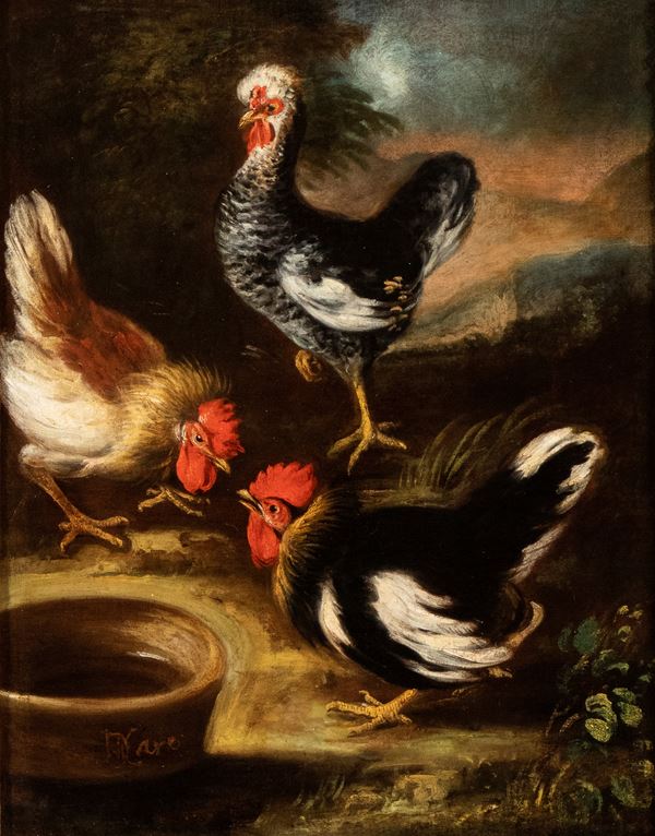 Baldassarre De Caro - Landscape with cock fighting