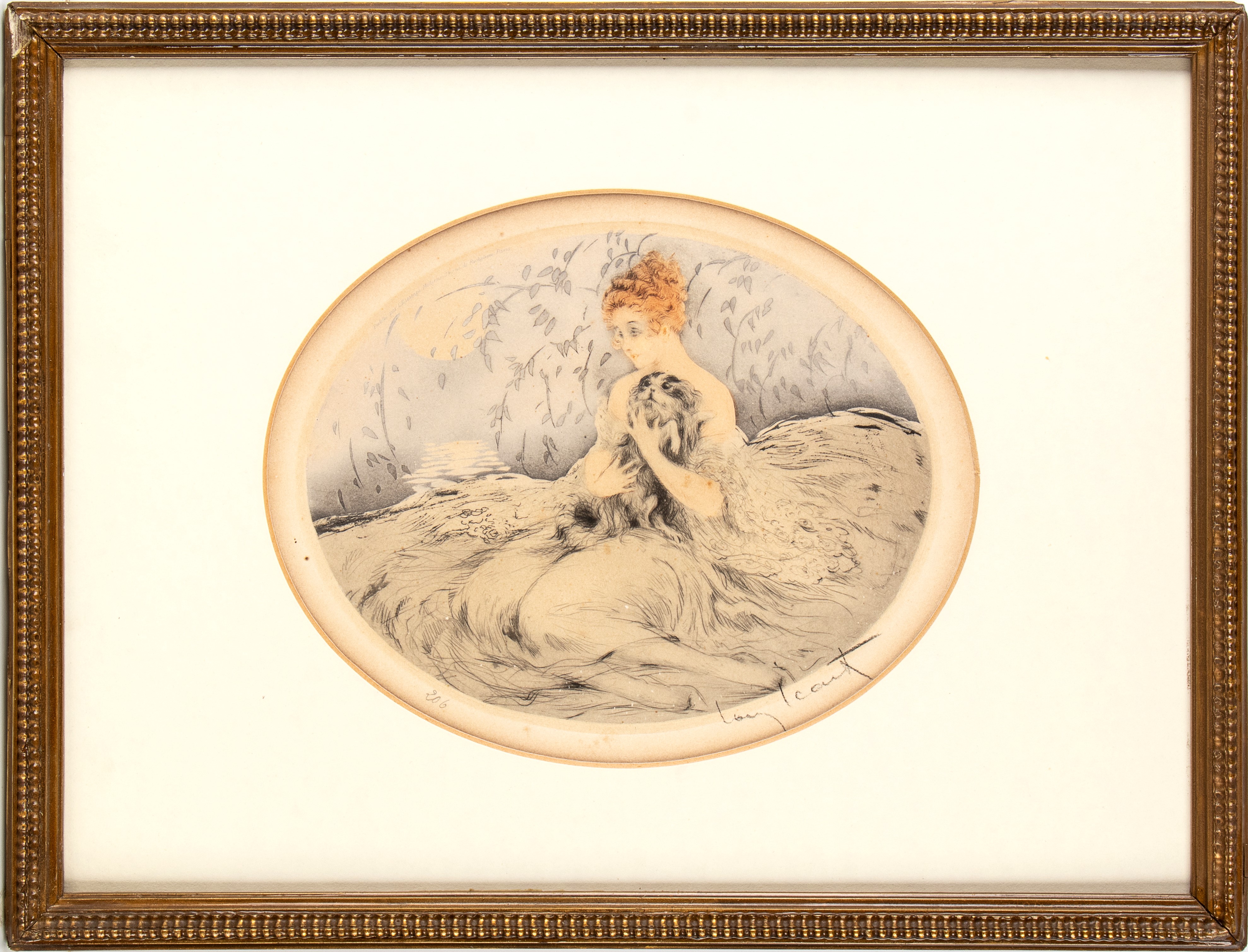 Louis Icart - Fanciulla con uno shih tzu, acquatinta e puntasecca