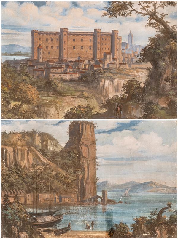 Artista attivo a Roma, XVIII secolo - a) View of Bracciano Castle; b) View of the gulf of Terracina. Pair of paintings