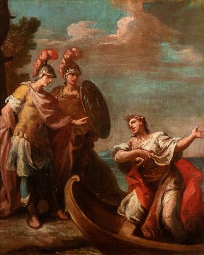 Scena Mitologica con Due Soldati Romani e una Giovane su una Barca