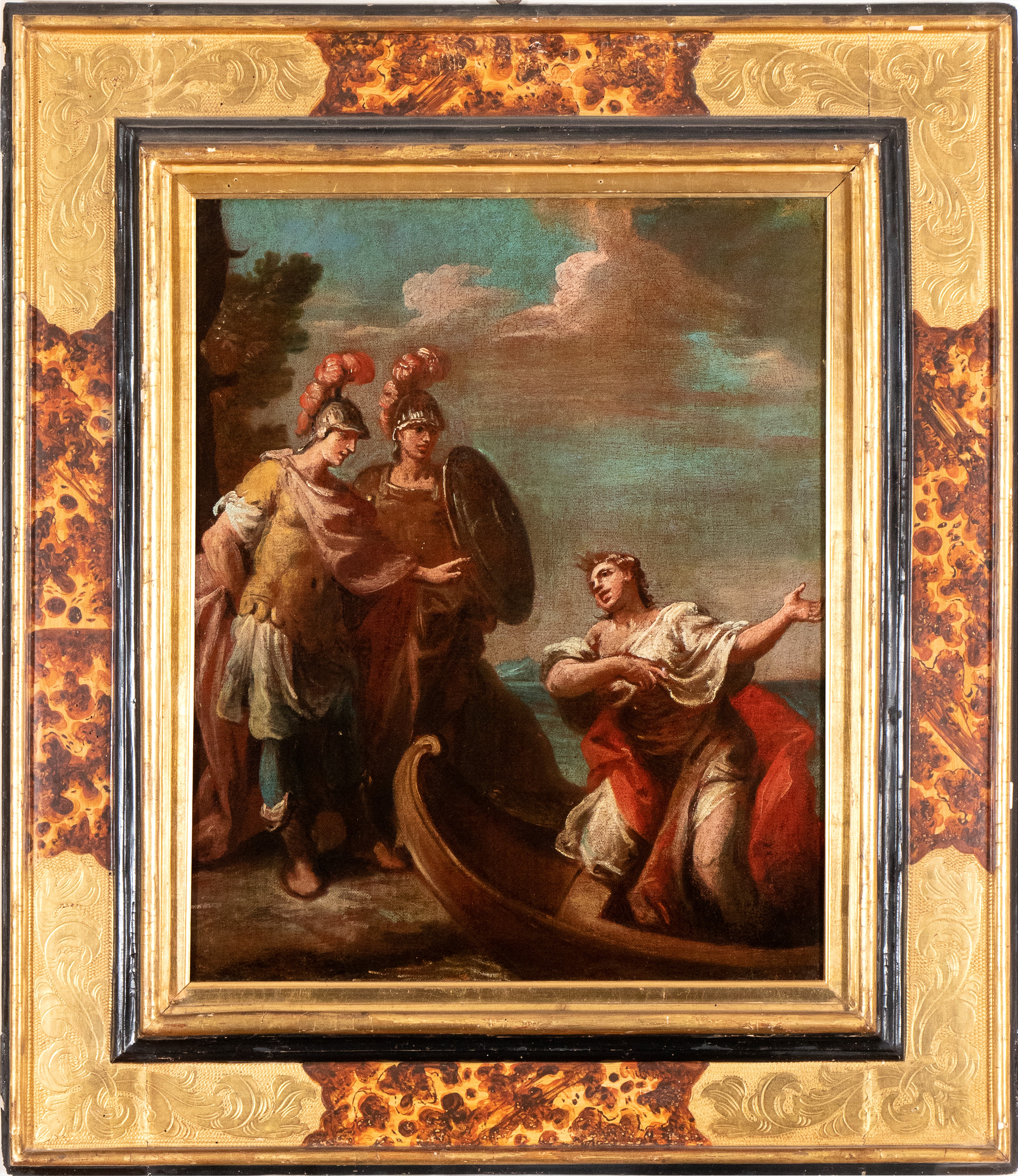 Artista Veneto, XVIII Secolo - Scena Mitologica con Due Soldati Romani e una Giovane su una Barca