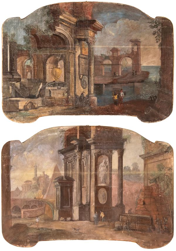 Pietro Paltronieri il Mirandolese - a) Capriccio costiero con figure; b) Capriccio architettonico con figure. Coppia di dipinti