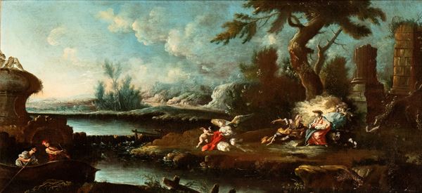 Artista genovese, XVII secolo - Landscape with flight into Egypt
