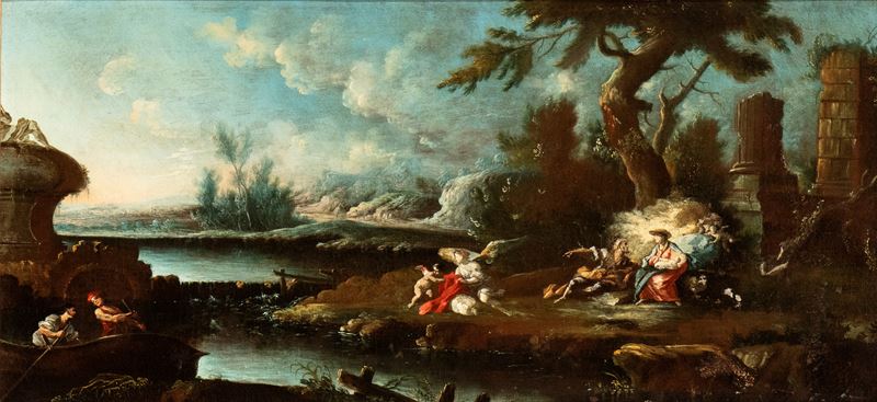 Artista Genovese, XVII Secolo - Paesaggio con Fuga in Egitto