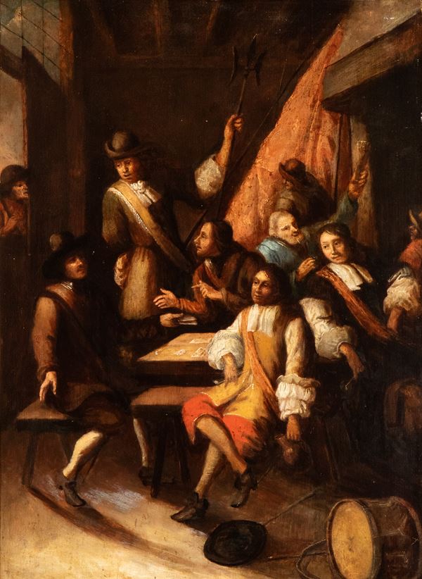 Artista olandese, XVII - XVIII secolo - Interno d'osteria con giocatori di carte