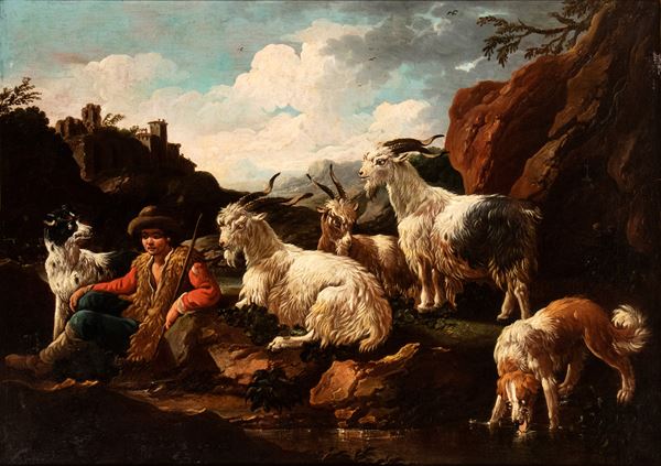 Philipp Peter Roos detto Rosa da Tivoli - Landscape with shepherd, goats and two dogs