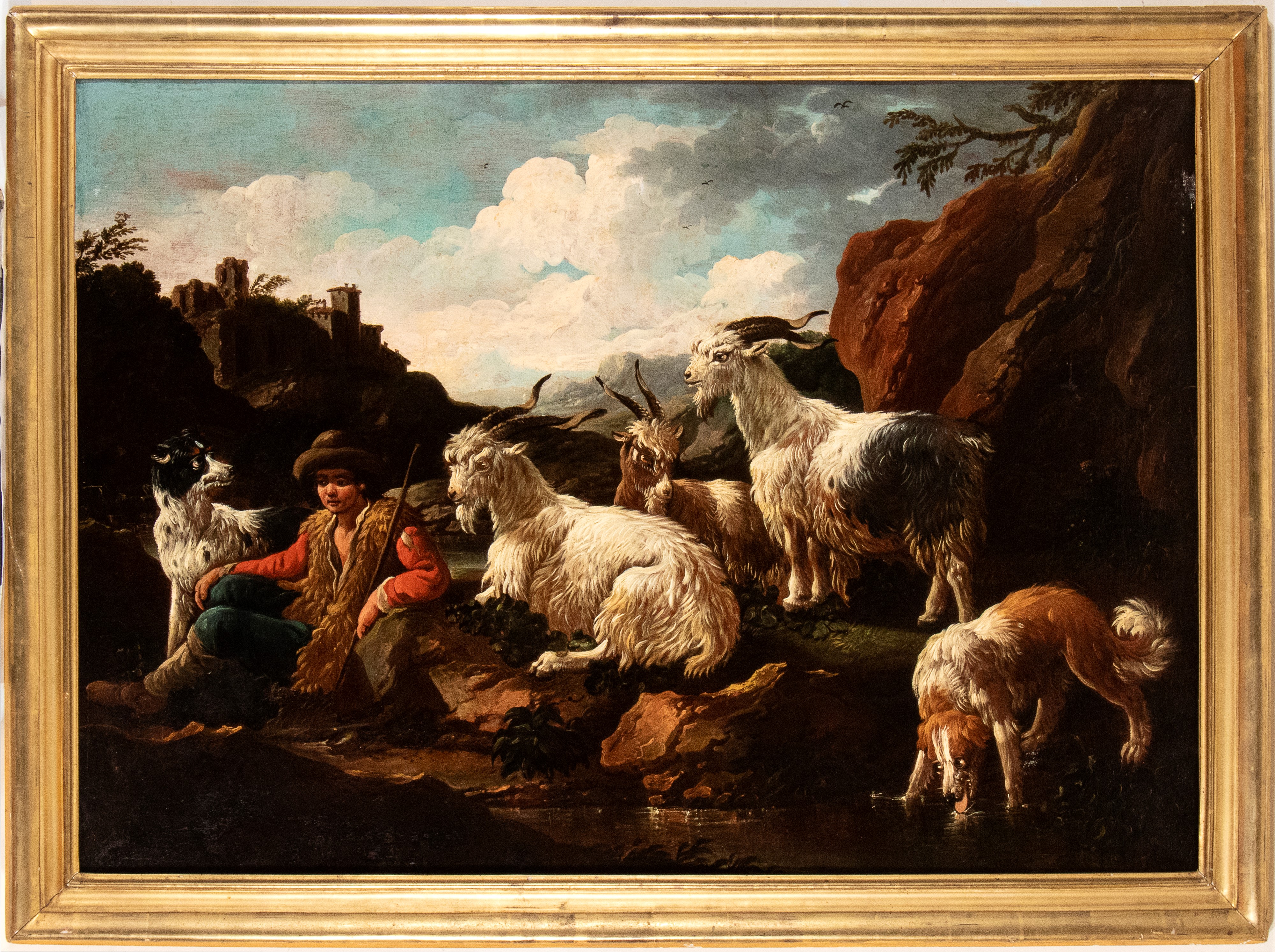 Paesaggio con pastore, capre e due cani