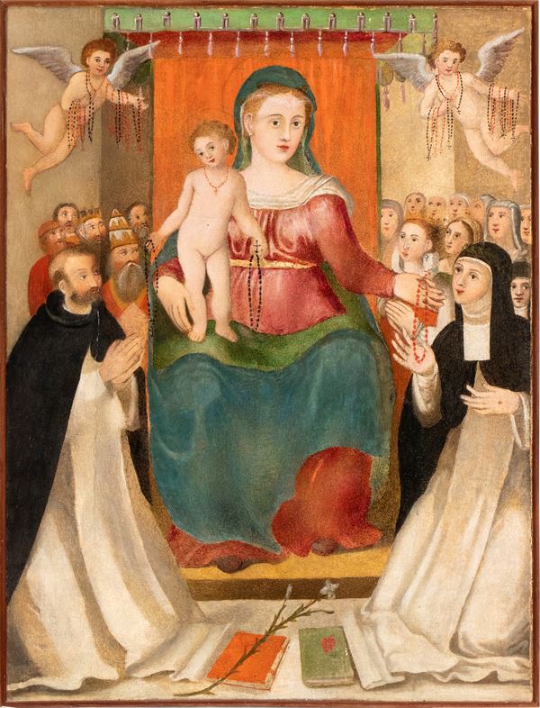Artista attivo nell'Italia centrale, XVI secolo - Our Lady of the Rosary with Saint Domenic and Saint Chatrine from Siena