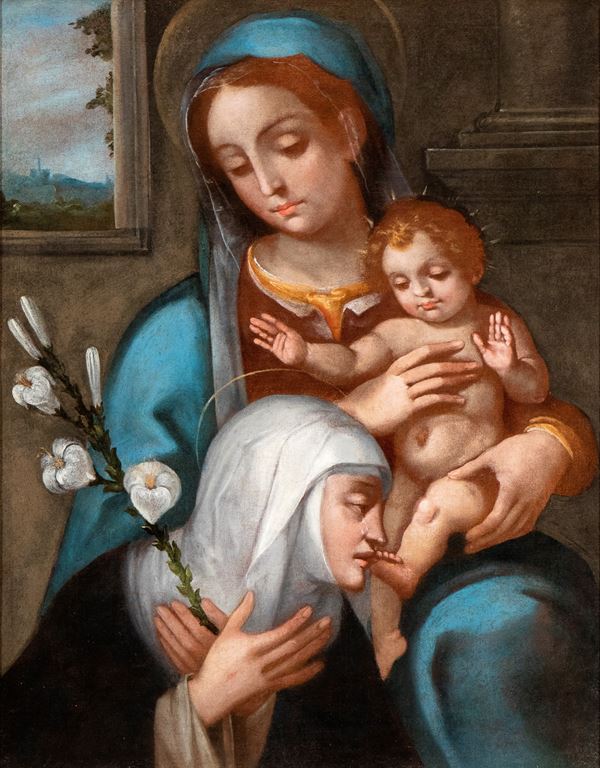Artista senese, XVII secolo - Madonna and Child with Saint Catherine of Siena