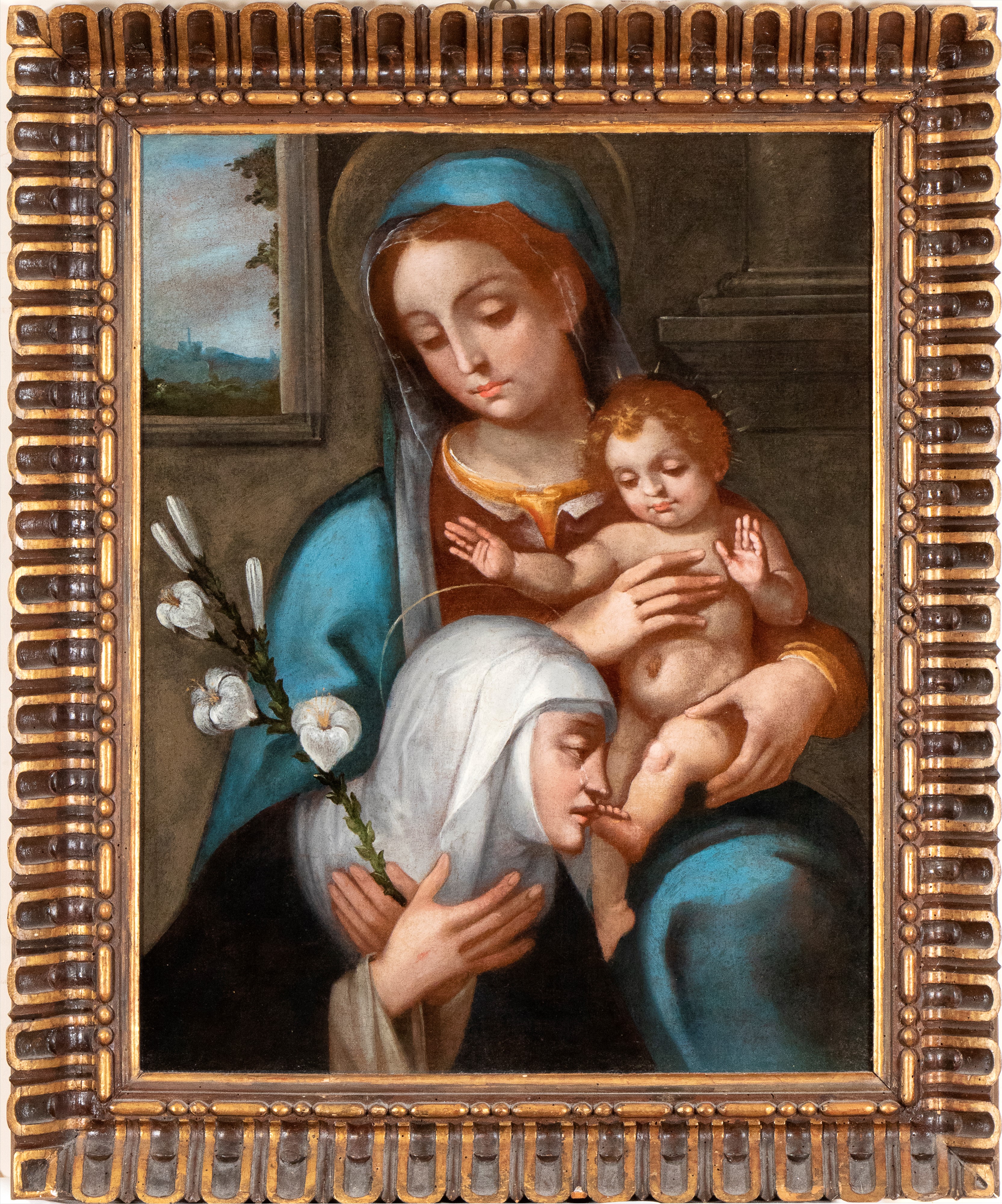 Artista Senese, XVII Secolo - Madonna con Bambino e Santa Caterina da Siena