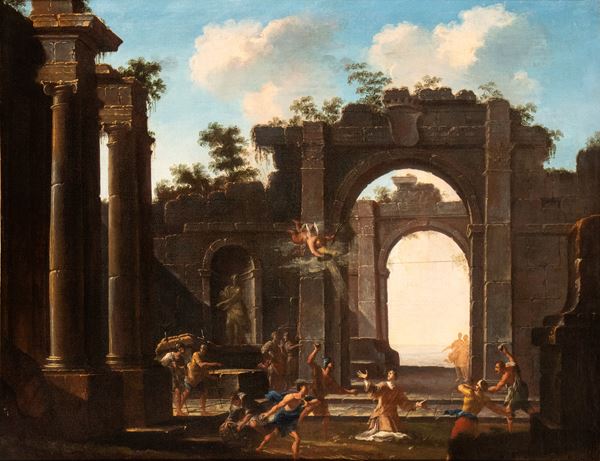 Viviano Codazzi,Artista attivo a Roma, met&#224; XVII secolo - Architectural capriccio with classic ruins and the martyrdom of Saint Stephen