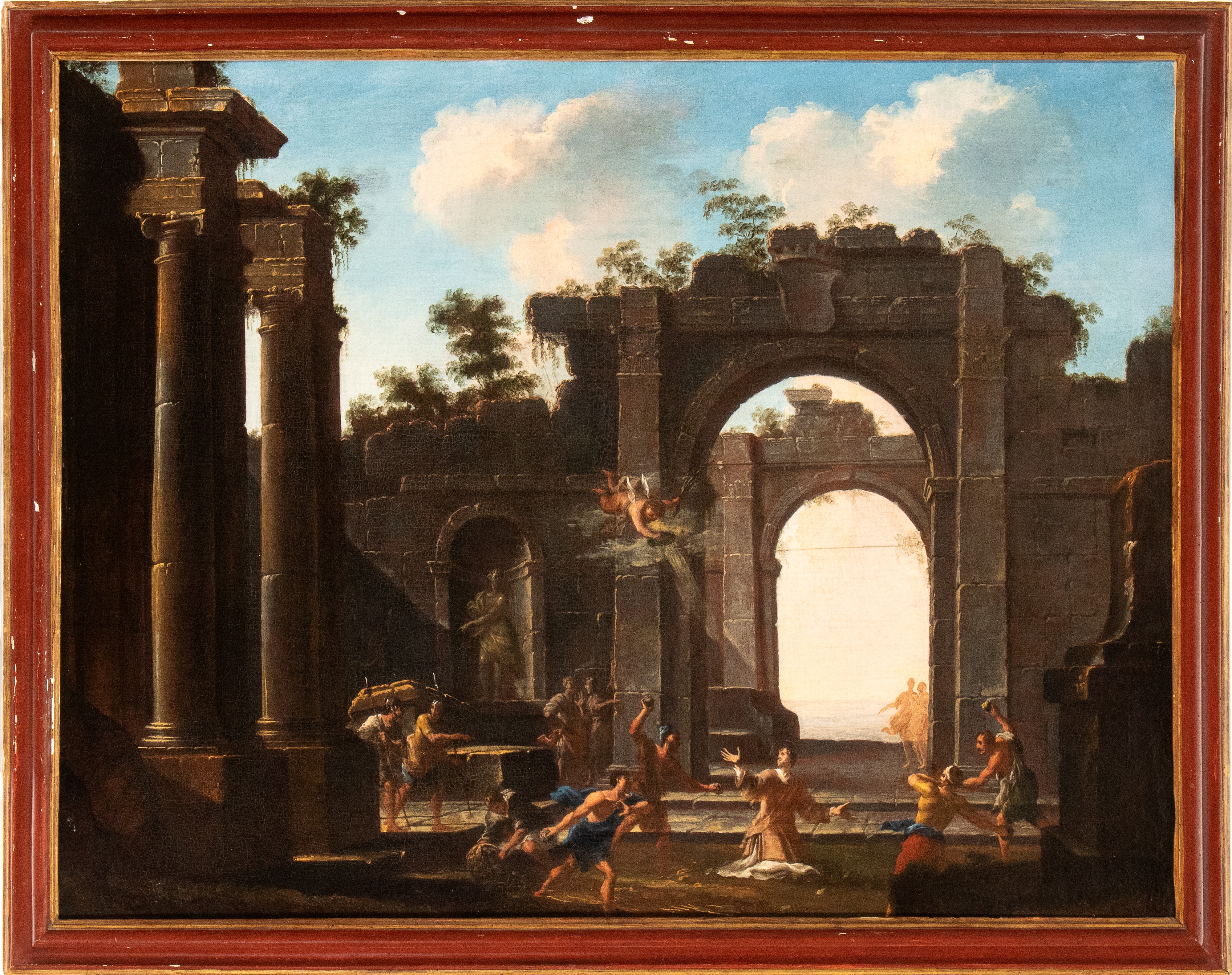 Capriccio architettonico con rovine classiche e martirio di Santo Stefano
