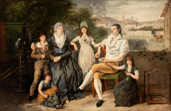 Artista olandese, fine XVIII - inizio XIX secolo - Family portrait in a garden with Dutch town and windmills in the backgrounds