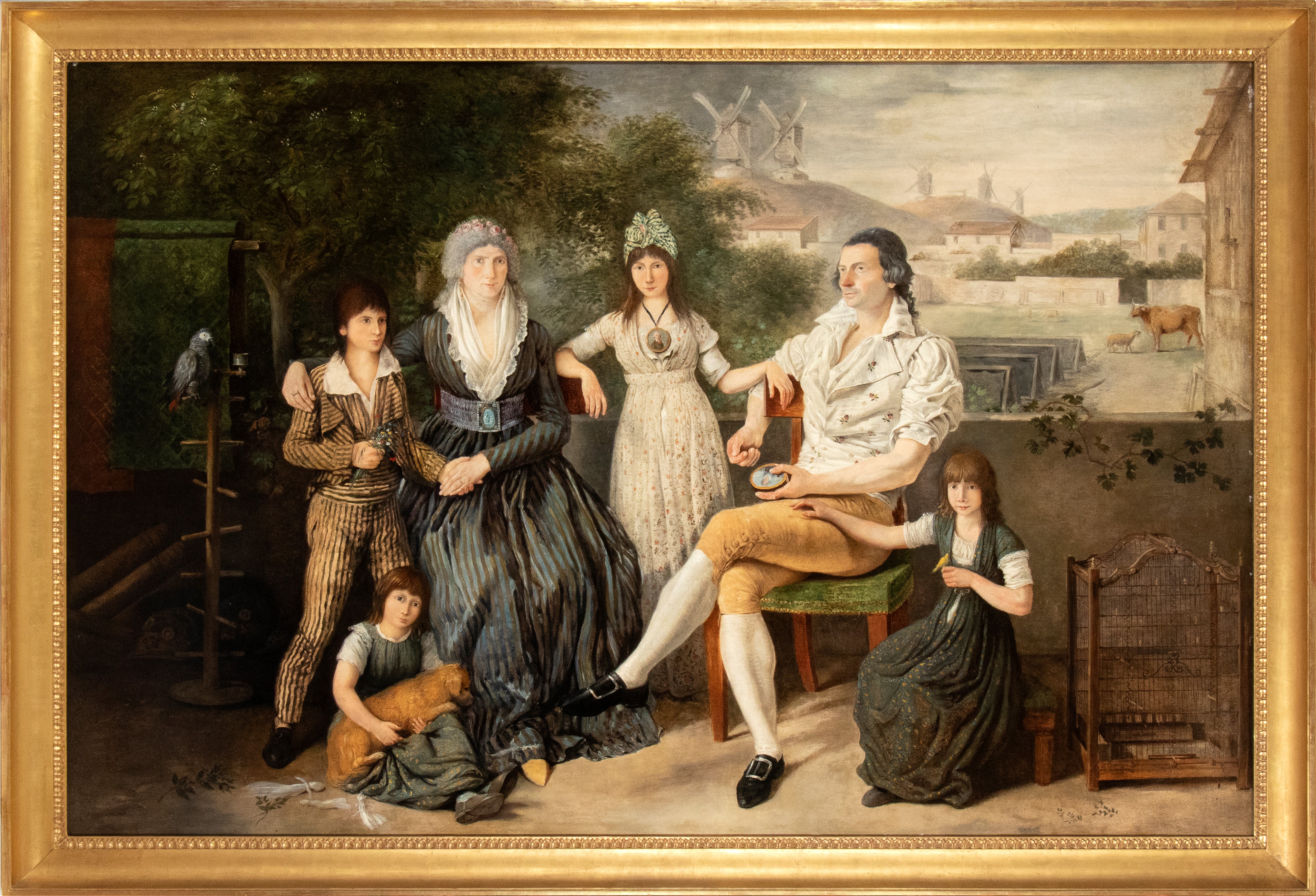 Artista Olandese, Fine XVIII - Inizio XIX Secolo - Ritratto di Famiglia in un Giardino con Città ...