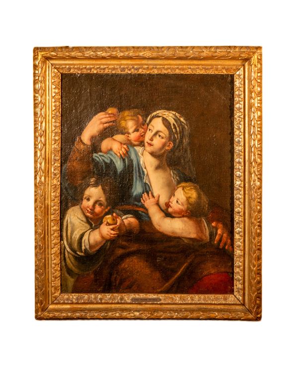 Carità cristiana  (Scuola italiana del XVIII secolo)  - Olio su tela - Asta MOBILI E OGGETTI D'ARTE DAL XVI AL XX SECOLO - Bertolami Fine Art - Casa d'Aste