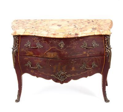 XIX secolo, Comò francese a chinoiserie in stile Luigi XV, laccato ebanizzato con piano in marmo