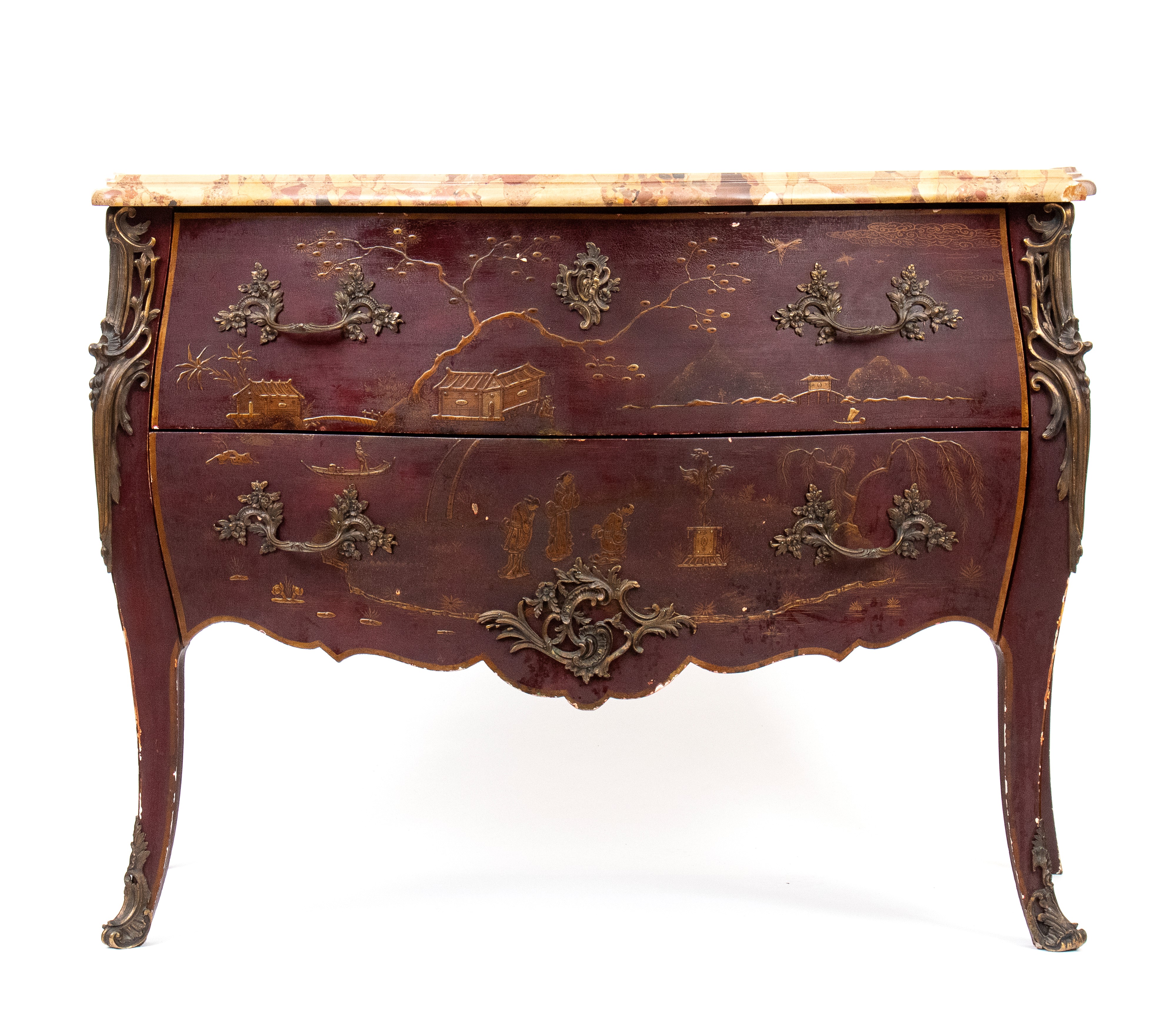 XIX secolo, Comò francese a chinoiserie in stile Luigi XV, laccato ebanizzato con piano in marmo