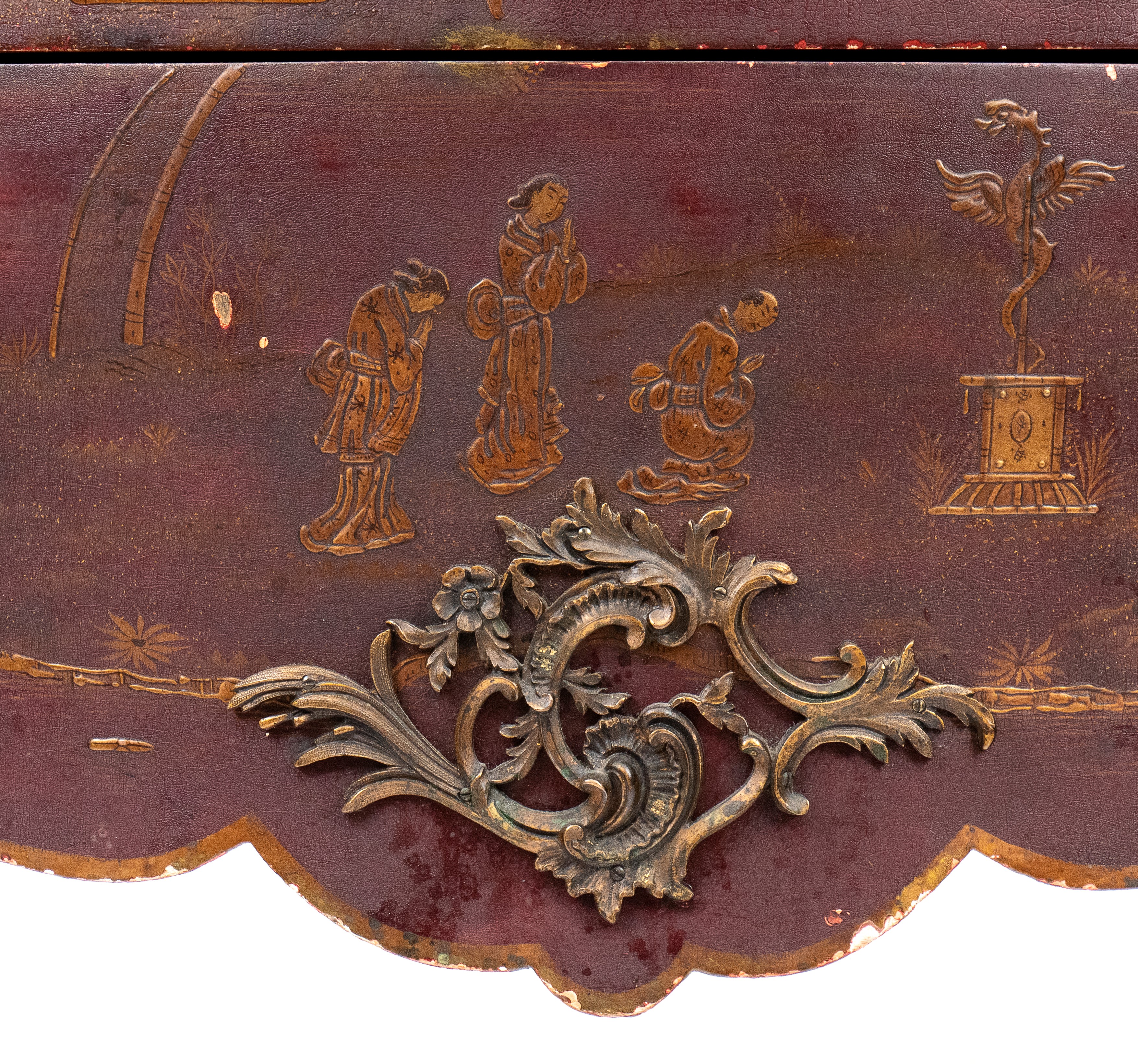 XIX secolo, Comò francese a chinoiserie in stile Luigi XV, laccato ebanizzato con piano in marmo