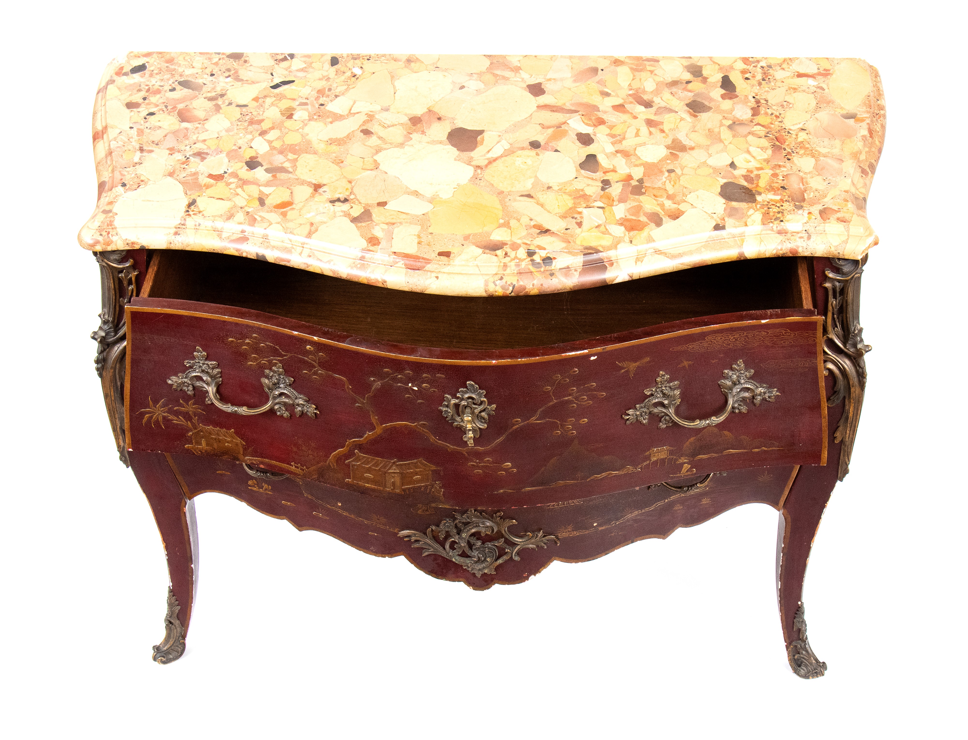 XIX secolo, Comò francese a chinoiserie in stile Luigi XV, laccato ebanizzato con piano in marmo