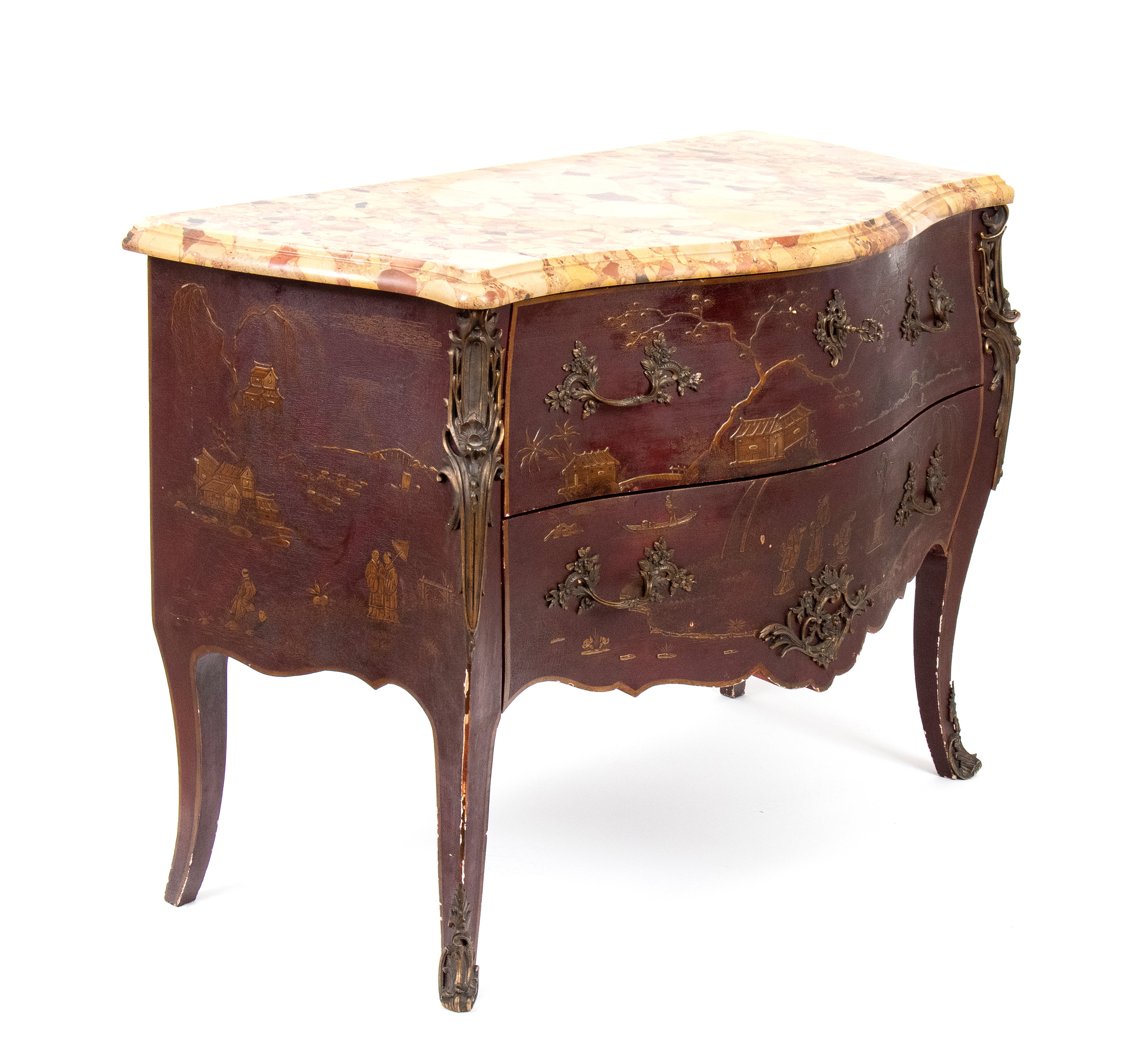 XIX secolo, Comò francese a chinoiserie in stile Luigi XV, laccato ebanizzato con piano in marmo