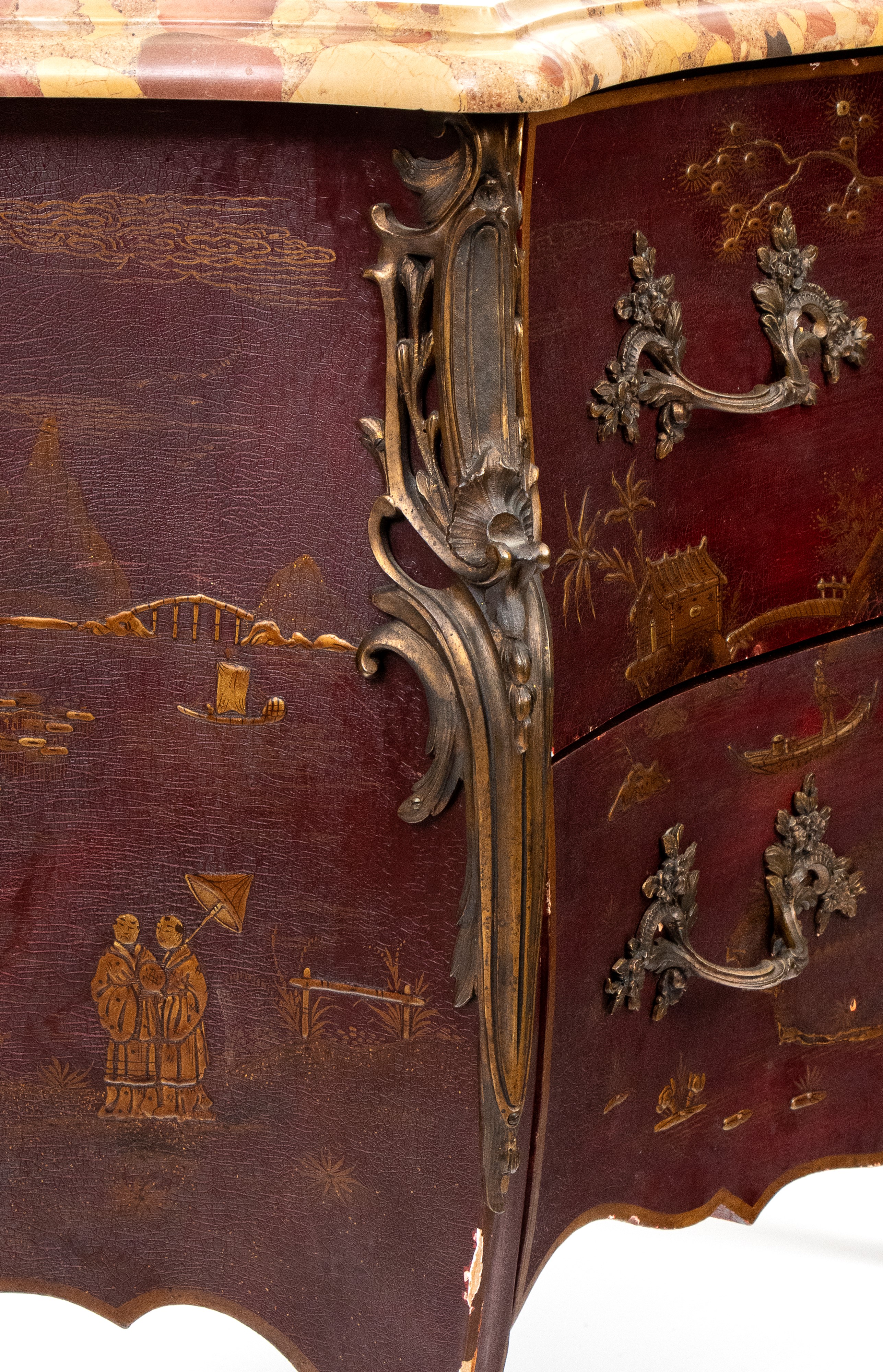 XIX secolo, Comò francese a chinoiserie in stile Luigi XV, laccato ebanizzato con piano in marmo