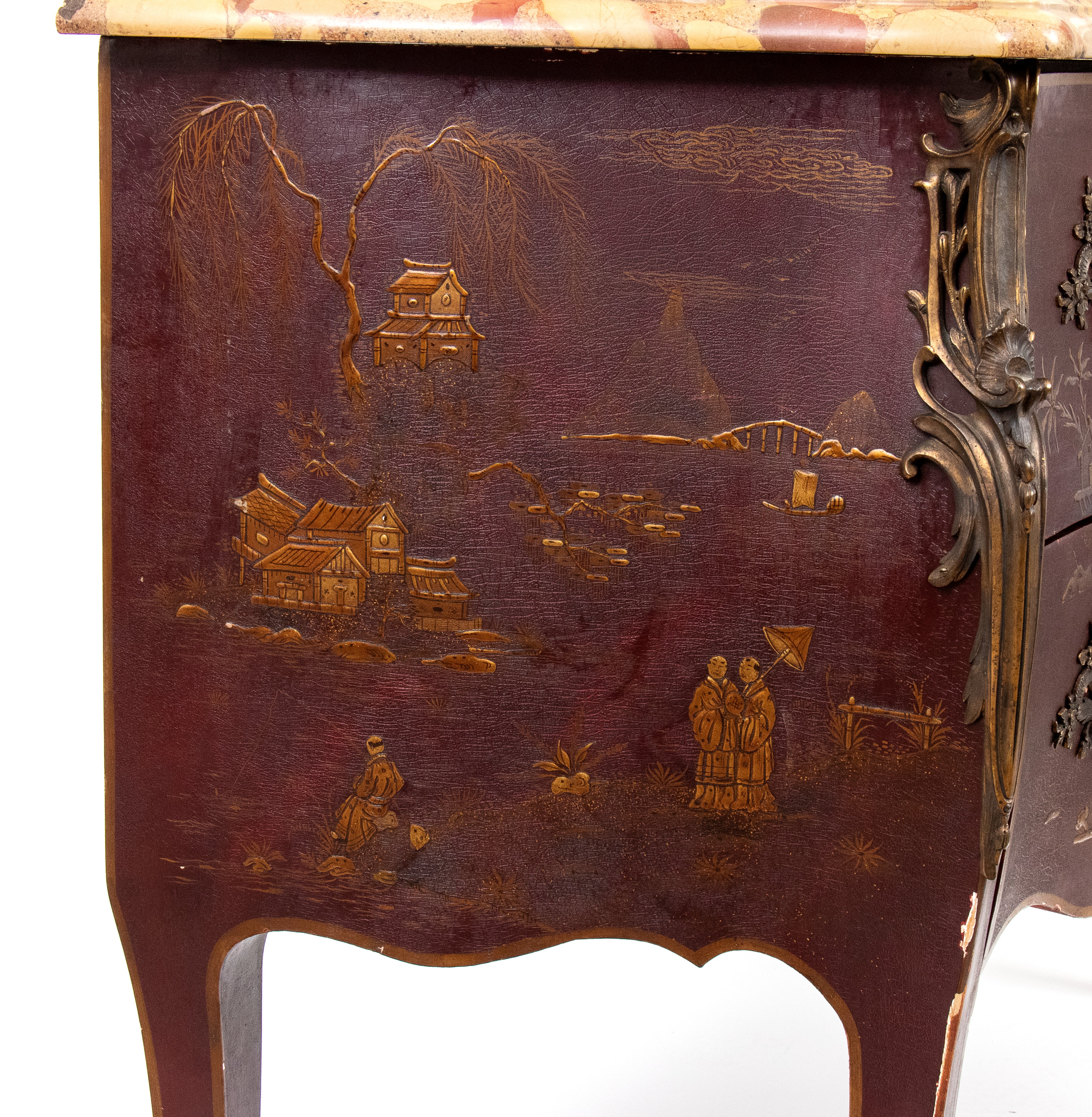 XIX secolo, Comò francese a chinoiserie in stile Luigi XV, laccato ebanizzato con piano in marmo