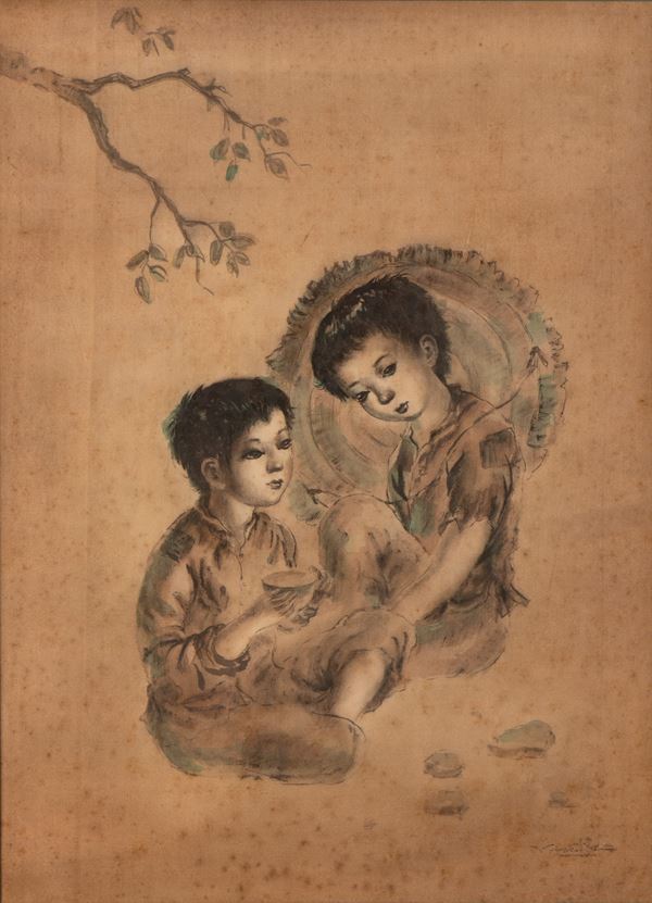 Tran Van Tho : Tran Van Tho (1917-2004), dipinto a china su seta  (Vietnam)  - Asta ARTE ORIENTALE DA IMPORTANTI COLLEZIONI PRIVATE - Bertolami Fine Art - Casa d'Aste