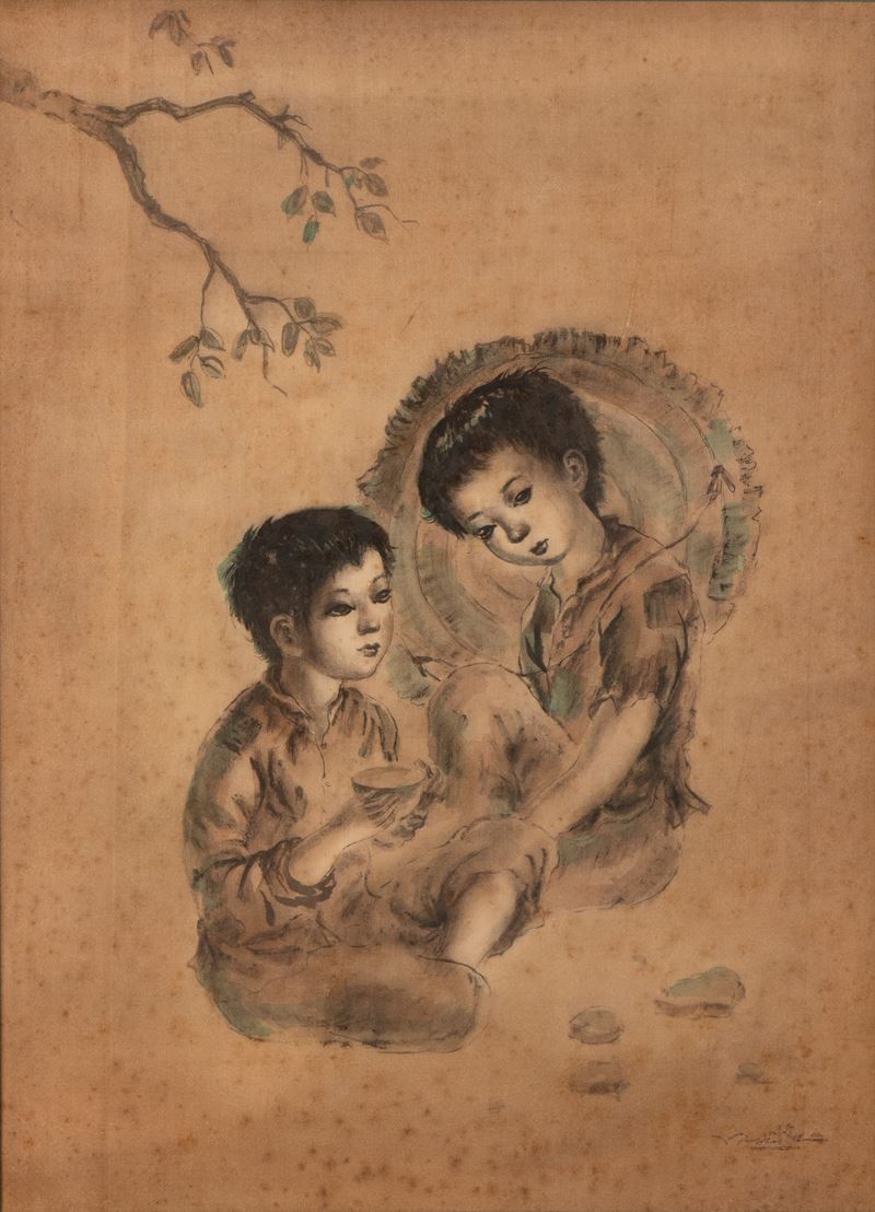 Dipinto a china su seta raffigurante due bambini. firmato Tran Van Tho (1917-2004)