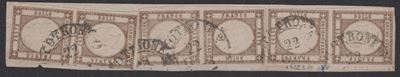 1861, 1/2 grano bis tro bruno n. 18: tre coppie su frammento (annullate a Cotrone)